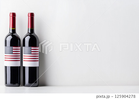 Two wine bottles with American flag labels on a neutral background. American wine. The concepts of patriotism, celebration, collection. Ideal for patriotic events and themed gatherings. 125904278