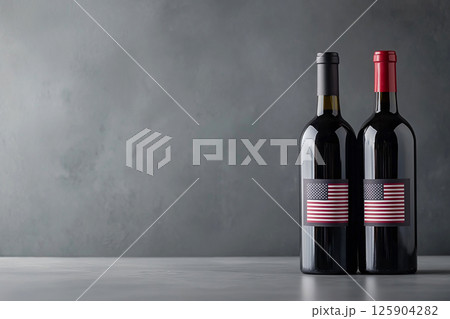 Two wine bottles with American flag labels on a neutral background. American wine. The concepts of patriotism, celebration, collection. Ideal for patriotic events and themed gatherings. 125904282
