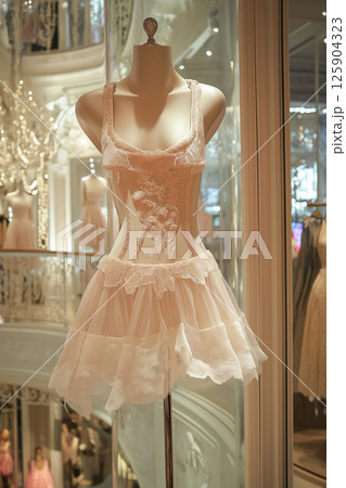 White lace gown on display in a boutique with detailed and elegant surroundings 125904323