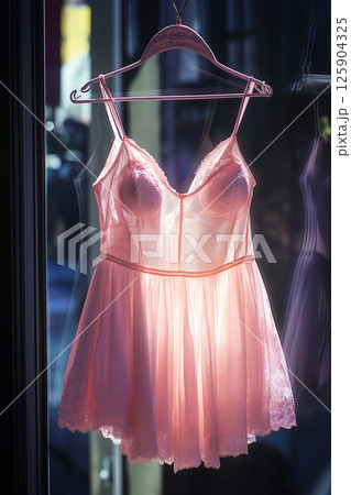 Pink lace gown on display in a boutique with detailed and elegant surroundings Pink lace gown on display in a boutique with detailed and elegant surroundings 125904325