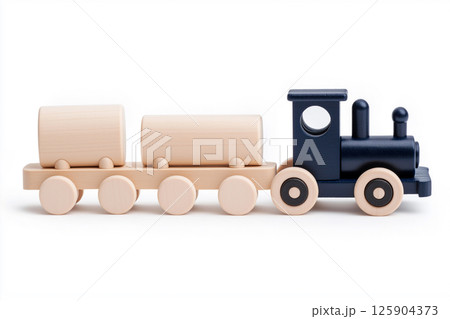 Kids toys. Wooden train set on display in a simple and colorful design. Classic wooden train set with vibrant colors evokes imagination and play. 125904373
