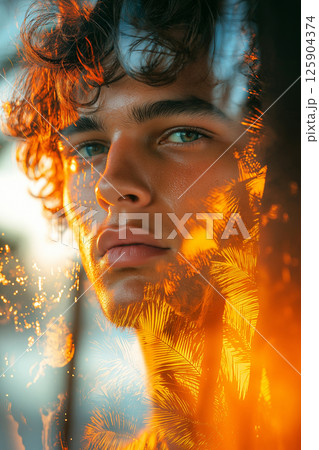 Young man reflecting amidst tropical sunset with a serene and inspiring backdrop. Young man surfer at sunset, surrounded by tropical imagery and vibrant colors. Double exposure 125904374
