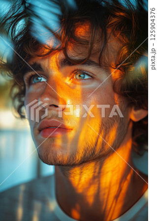 Young man reflecting amidst tropical sunset with a serene and inspiring backdrop. Young man surfer at sunset, surrounded by tropical imagery and vibrant colors. Double exposure 125904376