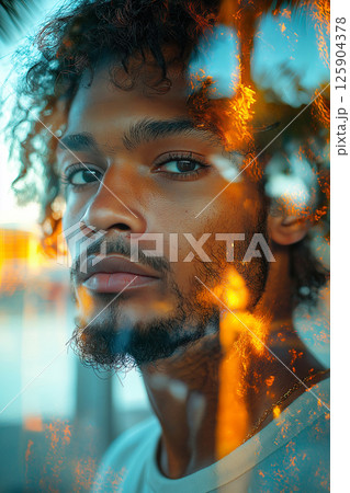 Young man reflecting amidst tropical sunset with a serene and inspiring backdrop. Young man surfer at sunset, surrounded by tropical imagery and vibrant colors. Double exposure 125904378