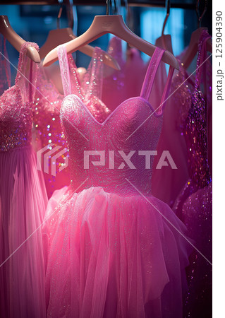 Close-up of elegant sparkly dresses in vibrant colors on a clothing rack. Glamorous designs, appealing to fashion enthusiasts and formal wear shoppers. 125904390