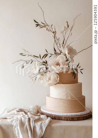 Elegant wedding cake with floral design on rustic wooden stand in bright room 125904391