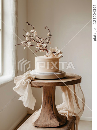 Elegant wedding cake with floral design on rustic wooden stand in bright room 125904392
