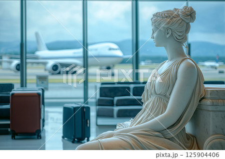Classic Greek marble statue resting and waiting beside travel suitcase in modern airport. Flight delayed, cancelled or overbooked. Contrast between classical art and modern travel in a vibrant setting 125904406