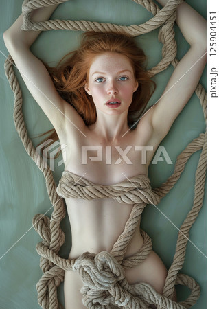Beautiful woman tied with ropes, Japanese art of shibari, BDSM. Woman with ropes in a creative intimate setting, love game. Sexual games concept, aesthetic bandage. 125904451