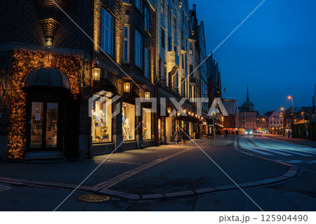 Evening streets and alleys of Bryggen Wharf in Bergen Norway 125904490