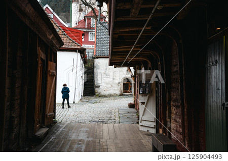Old wooden shop and alleys in Bryggen Bergen 125904493