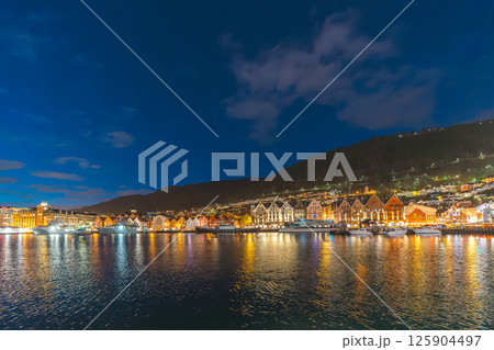 Bryggen Wharf Bergen Norway illuminated at night Bryggen Wharf Bergen Norway illuminated at night 125904497