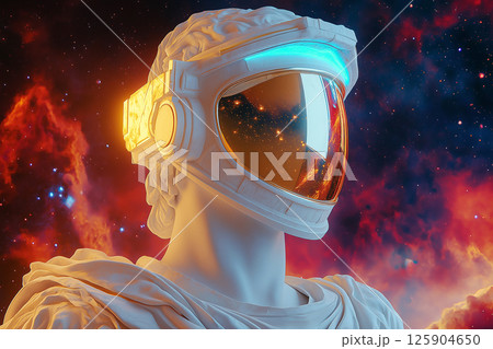 An ancient Greek-style statue adorned with futuristic augmented reality glasses against a colorful cosmic background, embodying a blend of classical art and modern digital technology aesthetics. 125904650