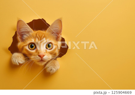Playful kitten curiously peeking through a hole in a vibrant yellow backdrop, creating a striking contrast. The scene captures an adorable and joyful feline moment for various creative concepts 125904669