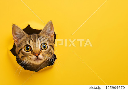 Playful kitten curiously peeking through a hole in a vibrant yellow backdrop, creating a striking contrast. The scene captures an adorable and joyful feline moment for various creative concepts 125904670