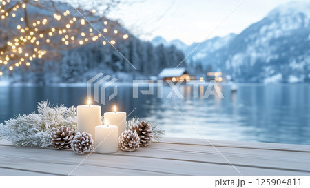 Winter Wonderland Serenity, flickering candles adorned, set against a lake 125904811