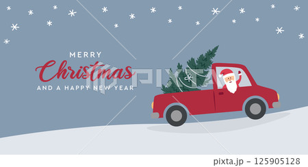 santa sits in a car with christmas tree in snowy winter vector illustration santa sits in a car with christmas tree in snowy winter vector illustration 125905128
