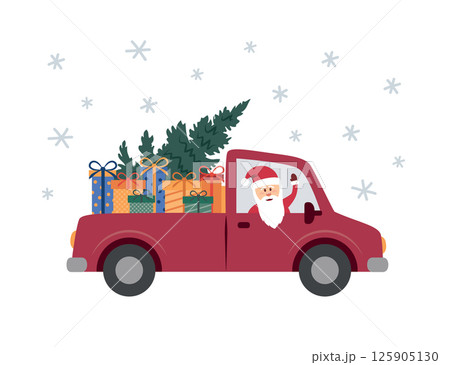 santa sits in a car with christmas tree and gifts vector illustration 125905130