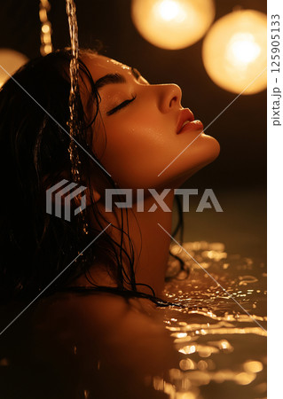 Young woman in a bathtub with wet hair, featuring a serene and captivating expression. The composition exudes calmness, highlighting her natural beauty and the soothing atmosphere of the bathing. 125905133