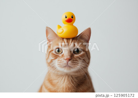 A cute cat with a yellow rubber duck on its head. Pet products and ads concept, funny home decor, humorous prints. Pet grooming salon, spa time. 125905172