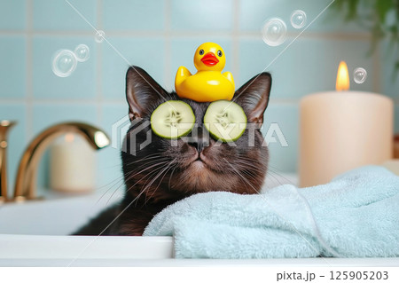 Charming black cat in spa relaxing with cucumber slices and a playful yellow rubber duck on its head. Pet products and ads concept, funny home decor, humorous prints. Pet grooming salon, spa time. 125905203
