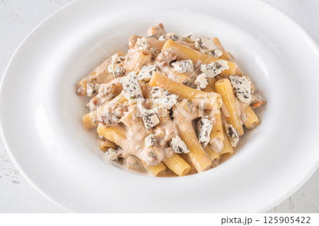 Penne pasta served with creamy walnut blue cheese sauce on white plate Penne pasta served with creamy walnut blue cheese sauce on white plate 125905422