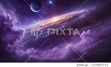 Spiral galaxy with purple nebula and planet shining in deep space 125905711