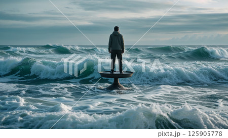 Man standing on a pedestal in the middle of rough sea waves 125905778