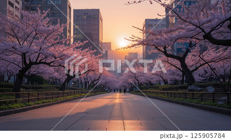 Cherry blossoms illuminating city street at dawn 125905784