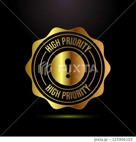 High priority icon design illustration. High priority label badge sign symbol in gold color style High priority icon design illustration. High priority label badge sign symbol in gold color style 125906103