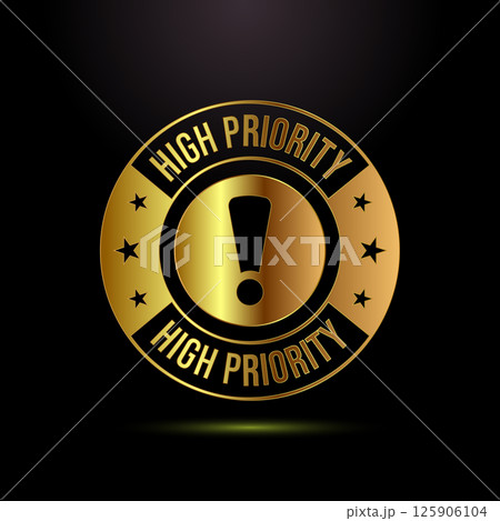 High priority icon design illustration. High priority label badge sign symbol in gold color style High priority icon design illustration. High priority label badge sign symbol in gold color style 125906104