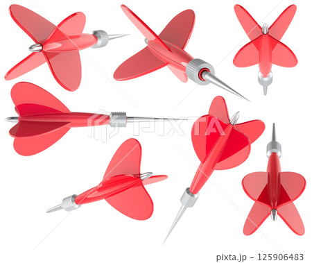 Set of red darts, different views and angles. 3D rendering 125906483
