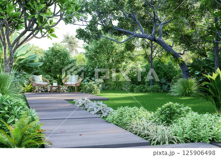 Tropical style green garden with stone walkway decorated with wooden chair 3d render Tropical style green garden with stone walkway decorated with wooden chair 3d render 125906498