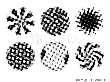 Black dotted halftone circle set, collection of trendy vintage round shapes, vector retro radial forms, dark gradients with grunge effect, monochrome modern abstract backgrounds 125906518