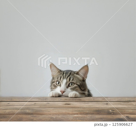 テーブルの上から覗いているキジ白猫 テーブルの上から覗いているキジ白猫 125906627