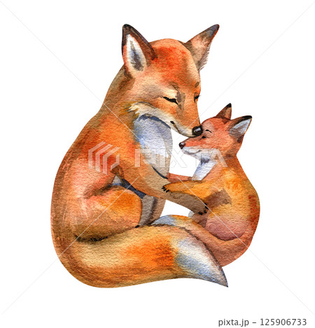 Foxes. Mum with a child isolated on a white background. Fox mum and baby. Watercolor. Template. Clipart. Mothers Day. Greeting card design. Concept of love, motherhood. Breast-feeding. Emblems. Foxes. Mum with a child isolated on a white background. Fox mum and baby. Watercolor. Template. Clipart. Mothers Day. Greeting card design. Concept of love, motherhood. Breast-feeding. Emblems. 125906733