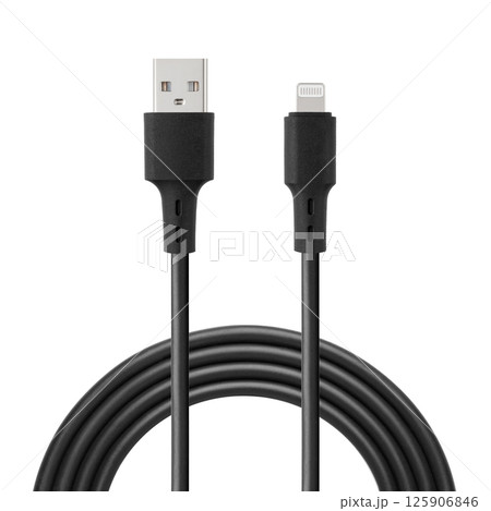 Black cable for charging and synchronization with USB and Lightning connectors on a white isolated background 125906846