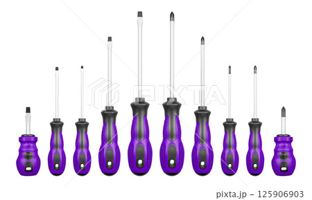 Set of Philips and flathead screwdrivers Purple, violet color on isolated white background 125906903