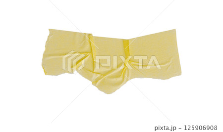 Yellow painter's tape isolated on white background, macro. Torn, crumpled, twisted strips of yellow painter's tape on white background 125906908