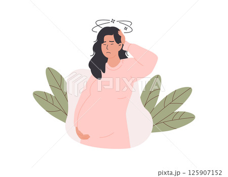 Pregnant woman experiencing dizziness and discomfort, conceptual medical illustration highlighting maternal fatigue and prenatal health. Vector illustration on white background. Anemia, preeclampsia. 125907152