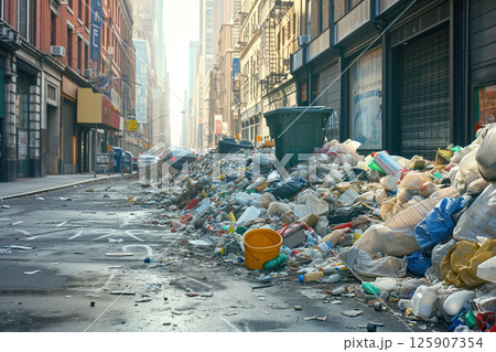 Large amount of garbage is piled up on streets of city AI Generative Large amount of garbage is piled up on streets of city AI Generative 125907354