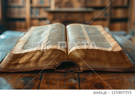 An old Christian Holy Bible is being read at a table AI Generative 125907355