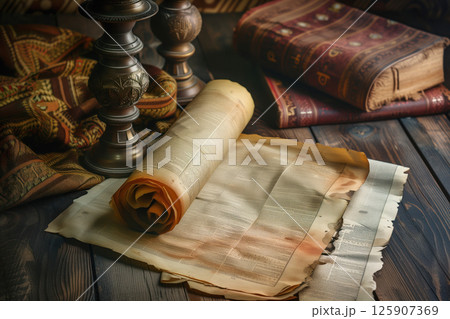 Old torah scroll rests on ancient papyrus at desk table AI Generative 125907369