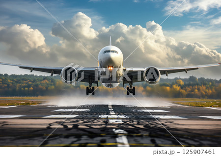Airplane landing on runway at an airport proceeding to terminal Generative AI 125907461