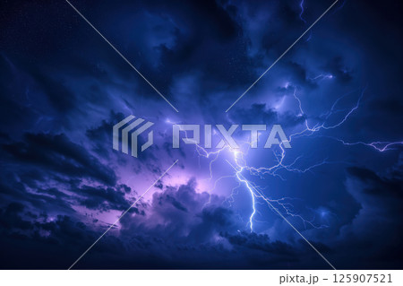 During thunderstorms, sky is reflected by bright lightning at night AI Generative 125907521