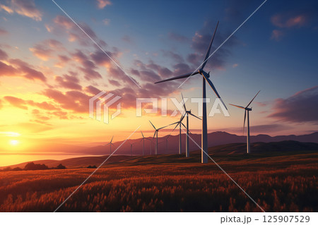Wind turbines for the production of ecologically clean renewable energy electricity at sunset AI Generation 125907529