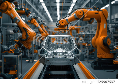 Assembling cars on high tech assembly line in an automobile factory is done by robots as part of modern automobile production AI Generative 125907537