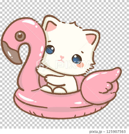kawaii white cat on a pink flamingo floatie Hand drawn illustration pink summer pastel color isolated on transparent background, nursery decorations, summer kawaii white cat on a pink flamingo floatie Hand drawn illustration pink summer pastel color isolated on transparent background, nursery decorations, summer 125907563
