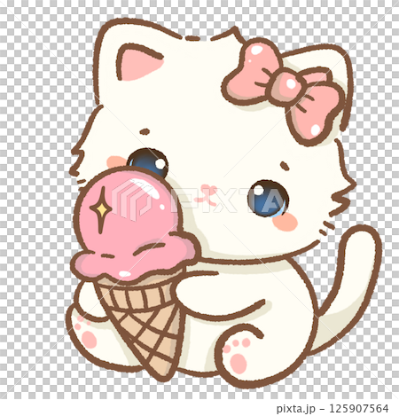 kawaii white cat eating a pink ice cream Hand drawn illustration pink summer pastel color isolated on transparent background, nursery decorations, summer 125907564