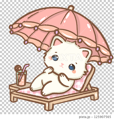 kawaii white cat under an umbrella Hand drawn illustration pink summer pastel color isolated on transparent background, nursery decorations, summer kawaii white cat under an umbrella Hand drawn illustration pink summer pastel color isolated on transparent background, nursery decorations, summer 125907565